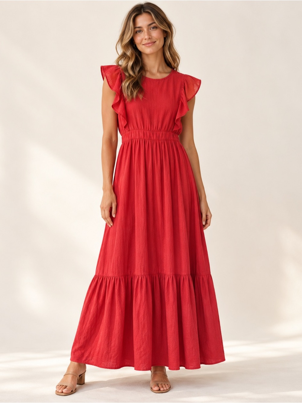 Cynthia Rowley Linen Blend Dress Coral Midi Ruffle Sleeve Fit Flare M Feminine